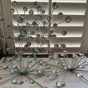 Crystal Burst Metal Table Sculptures - Silver with Aqua Accents